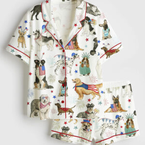 Womenâ€™s The 4th Of July Independence Day American Dogs USA Flag Short Sleeve Satin Pajama Set