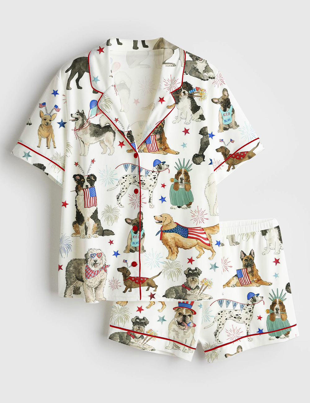 Womenâ€™s The 4th Of July Independence Day American Dogs USA Flag Short Sleeve Satin Pajama Set