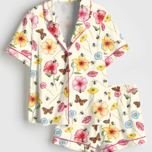 Women's The Butterflies And Bees Print Short Sleeve Satin Pajamas Set