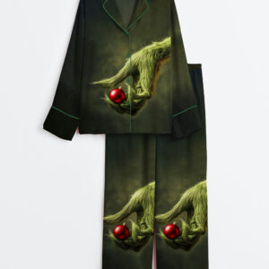 Womenâ€™s The Grinch Holding An Ornament Christmas Long Sleeve Satin Pajama Set