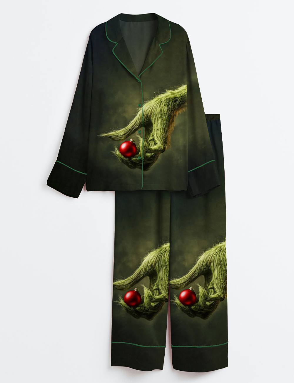 Womenâ€™s The Grinch Holding An Ornament Christmas Long Sleeve Satin Pajama Set