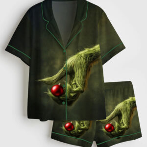 Womenâ€™s The Grinch Holding An Ornament Christmas Short Sleeve Satin Pajama Set