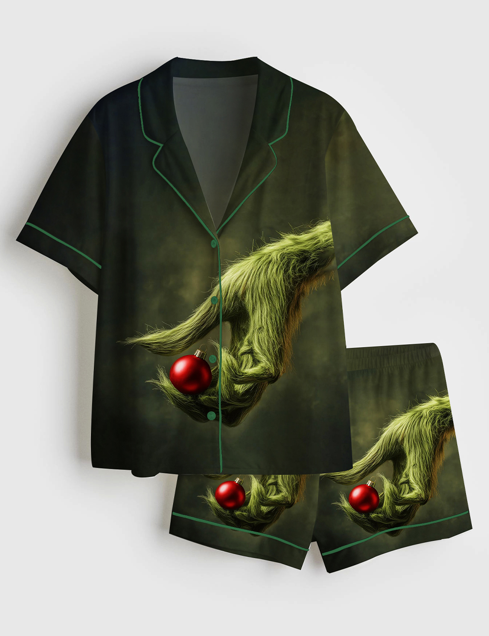 Womenâ€™s The Grinch Holding An Ornament Christmas Short Sleeve Satin Pajama Set