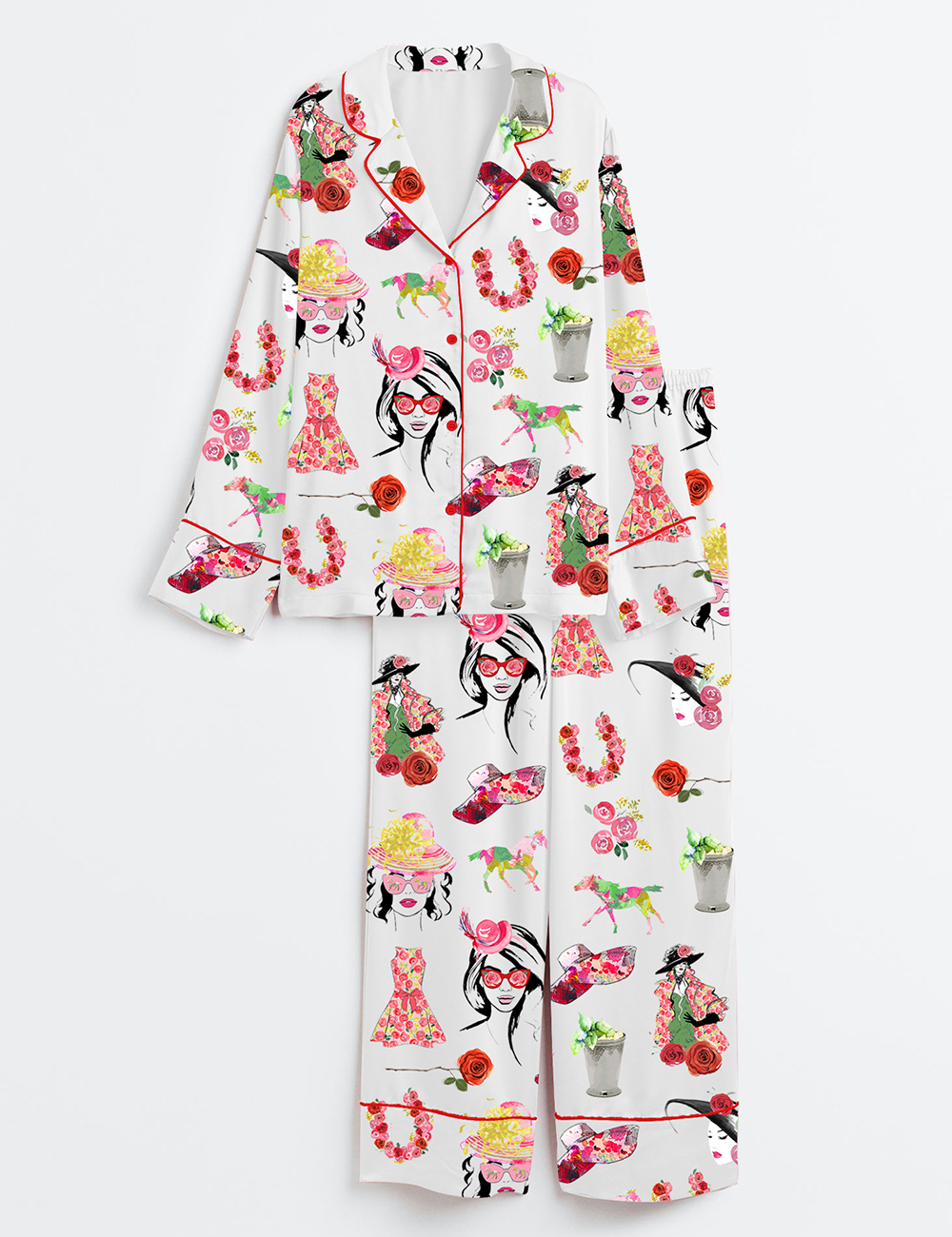 Womenâ€™s The Kentucky Derby Derby Fashion Planner Girl Rose Horse Western Long Sleeve Satin Pajama Set