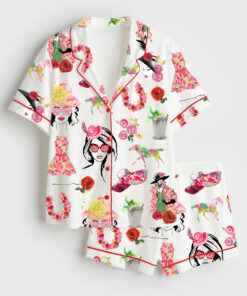 Women's The Kentucky Derby Derby Fashion Planner Girl Rose Horse Western Short Sleeve Satin Pajama Set