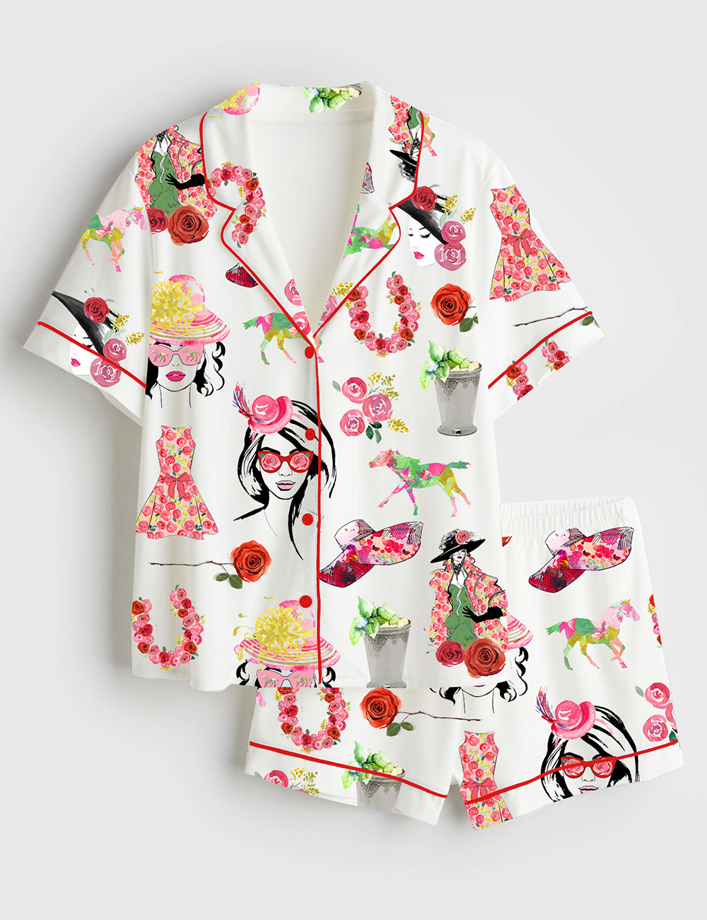 Womenâ€™s The Kentucky Derby Derby Fashion Planner Girl Rose Horse Western Short Sleeve Satin Pajama Set