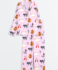 Women's The Lil Ghostie Cat Pumpkin Halloween Long Sleeve Satin Pajama Set