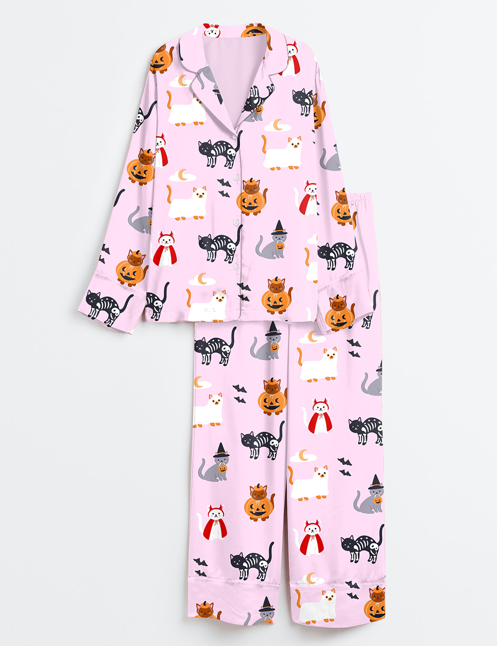 Womenâ€™s The Lil Ghostie Cat Pumpkin Halloween Long Sleeve Satin Pajama Set