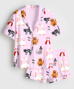 Women's The Lil Ghostie Cat Pumpkin Halloween Short Sleeve Satin Pajama Set