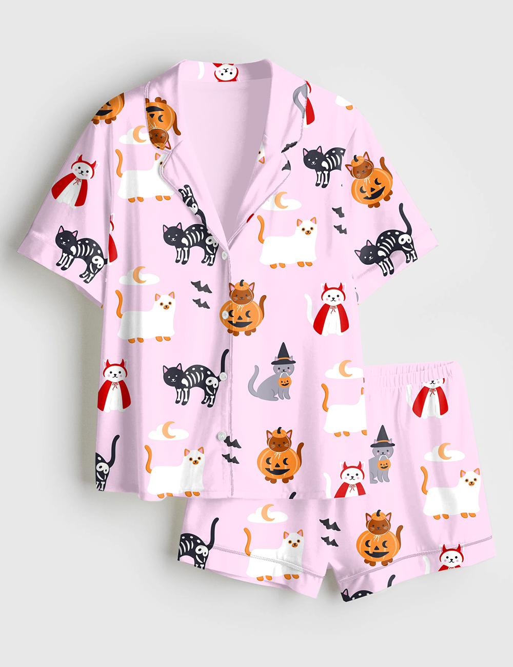Womenâ€™s The Lil Ghostie Cat Pumpkin Halloween Short Sleeve Satin Pajama Set