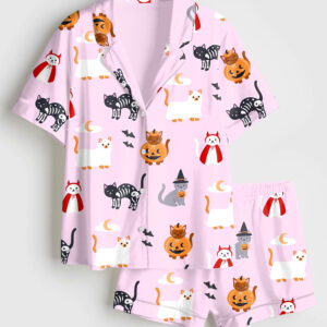 Women's The Lil Ghostie Cat Pumpkin Halloween Short Sleeve Satin Pajama Set