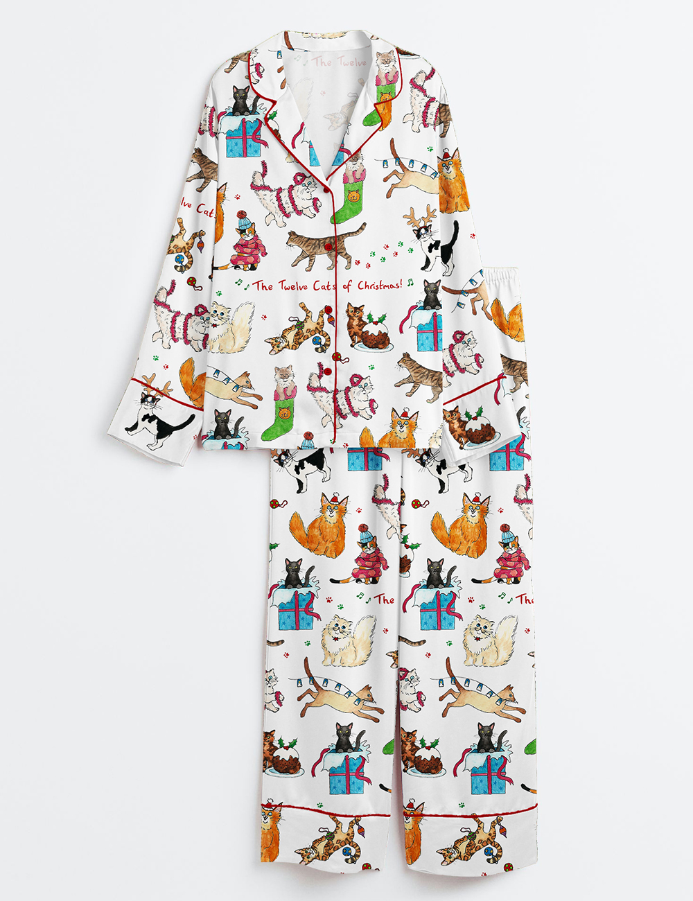Womenâ€™s The Twelve Cats Of Christmas Long Sleeve Satin Pajama Set