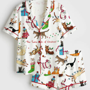 Womenâ€™s The Twelve Cats Of Christmas Short Sleeve Satin Pajama Set