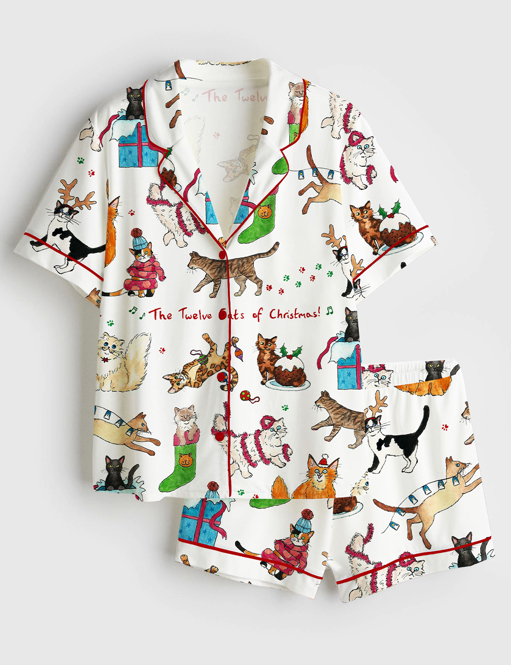 Women's The Twelve Cats Of Christmas Short Sleeve Satin Pajama Set