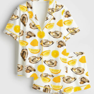 Women's The World Is Your Oyster Fisherman Style Oyster Shells Orange Print Short Sleeve Satin Pajama Set