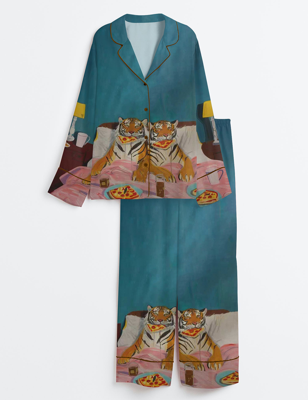 Womenâ€™s Tiger Pizza Print Bedroom Funny Long Sleeve Satin Pajama Set