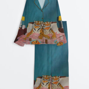 Women's Tiger Pizza Print Bedroom Funny Long Sleeve Satin Pajamas Set