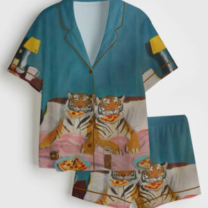 Womenâ€™s Tiger Pizza Print Bedroom Funny Short Sleeve Satin Pajama Set