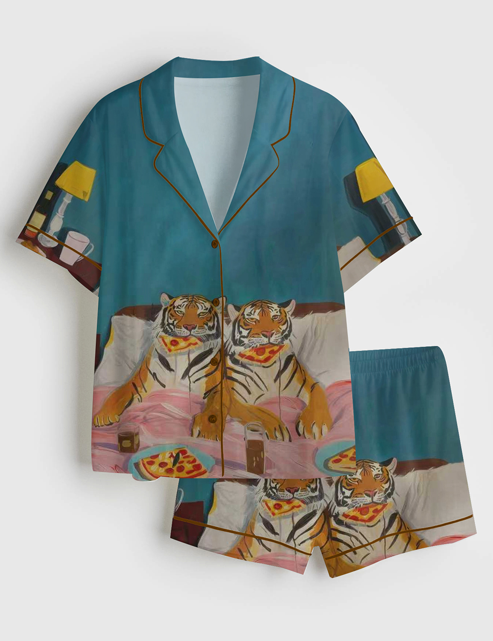 Womenâ€™s Tiger Pizza Print Bedroom Funny Short Sleeve Satin Pajama Set