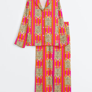 Women's Tiger Print Animal Suite Bridesmaid Indian Long Sleeve Satin Pajama Set