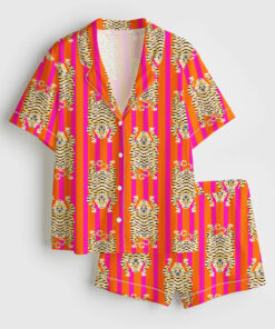 Women's Tiger Print Animal Suite Bridesmaid Indian Short Sleeve Satin Pajama Set