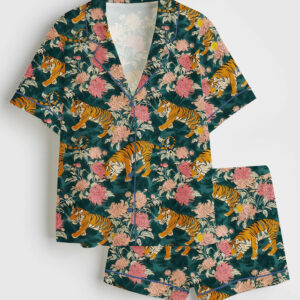 Women's Tiger Tropical Bengal Cora Tiger Floral Art Print Short Sleeve Satin Pajama Set