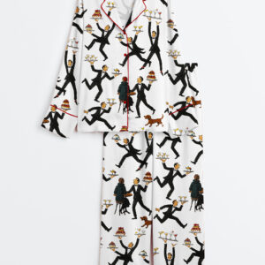 Womenâ€™s Tiny People Print Servers In A Restaurant Vintage Food & Drink Fun Bar Long Sleeve Satin Pajama Set