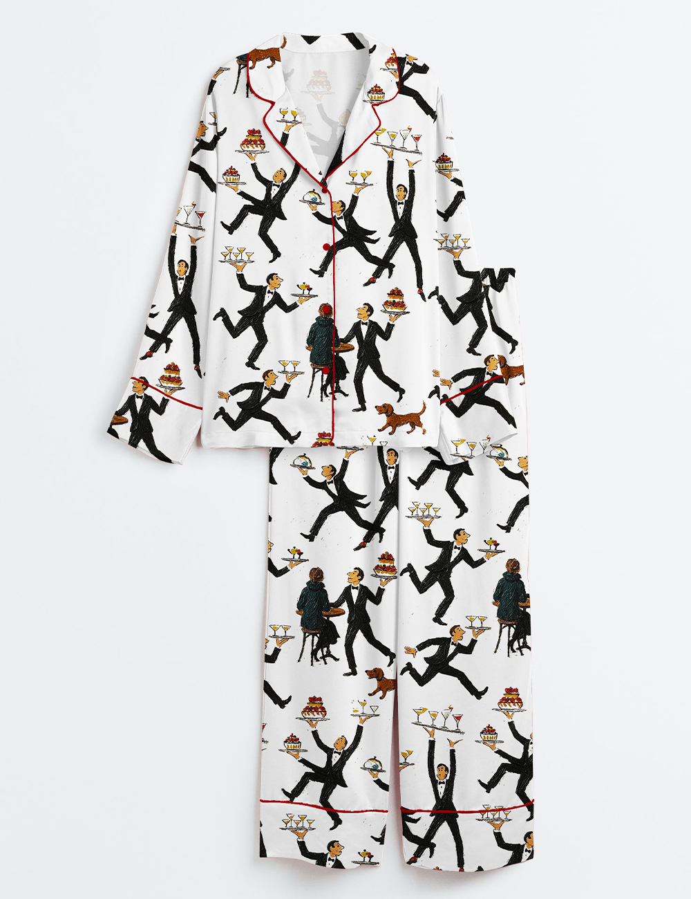 Women’s Tiny People Print Servers In A Restaurant Vintage Food & Drink Fun Bar Long Sleeve Satin Pajama Set