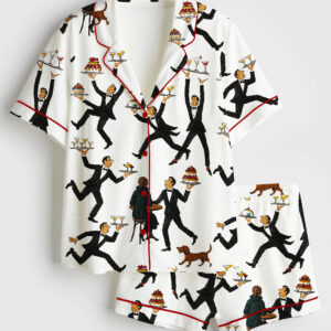 Womenâ€™s Tiny People Print Servers In A Restaurant Vintage Food & Drink Fun Bar Short Sleeve Satin Pajama Set