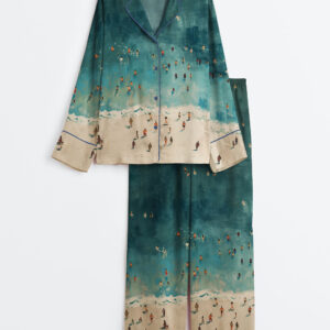 Women's Tiny People Swimming In Ocean Summer Beach Travel Long Sleeve Satin Pajama Set