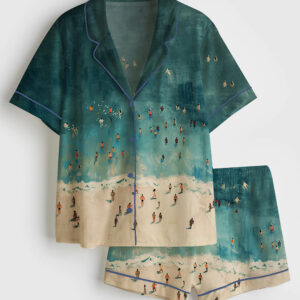 Women's Tiny People Swimming In Ocean Summer Beach Travel Short Sleeve Satin Pajama Set