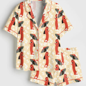 Women's Tokyo Sights Japanese Kimonos And Traditional Umbrellas Short Sleeve Satin Pajamas Set