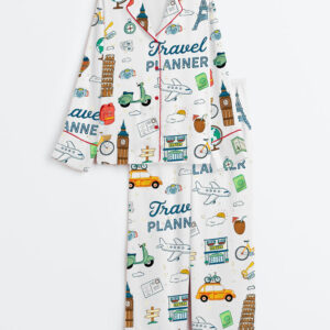 Women's Travel Planner Long Sleeve Satin Pajama Set