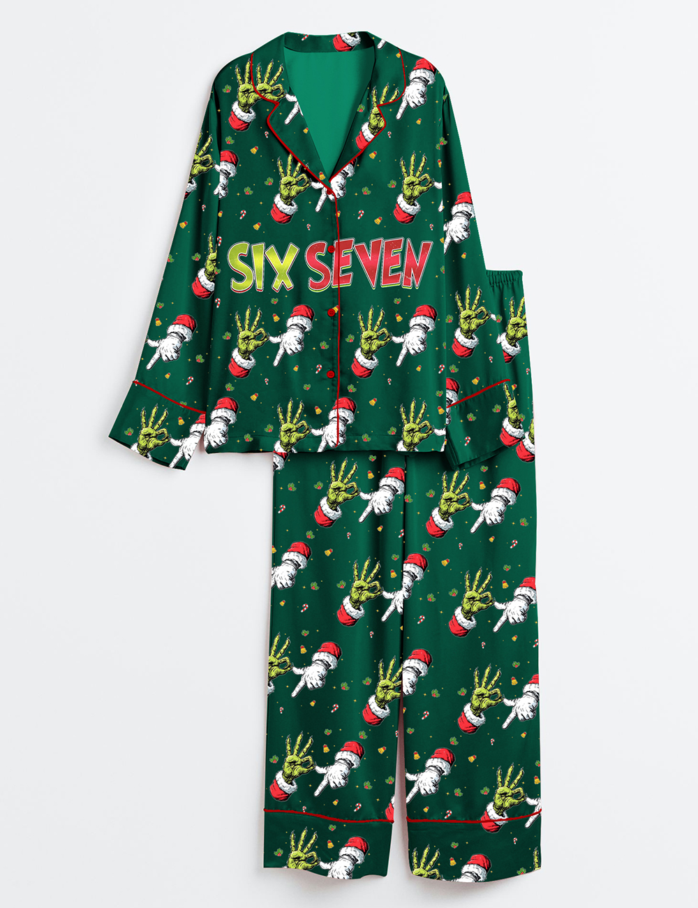 Womenâ€™s Trending Six Seven Christmas Grinch Santa Long Sleeve Satin Pajama Set