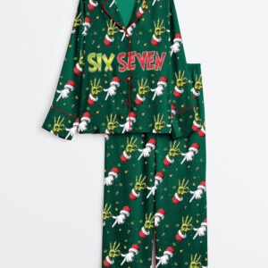 Women's Trending Six Seven Christmas Grinch Santa Long Sleeve Satin Pajama Set