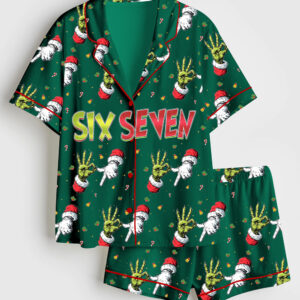 Womenâ€™s Trending Six Seven Christmas Grinch Santa Short Sleeve Satin Pajama Set