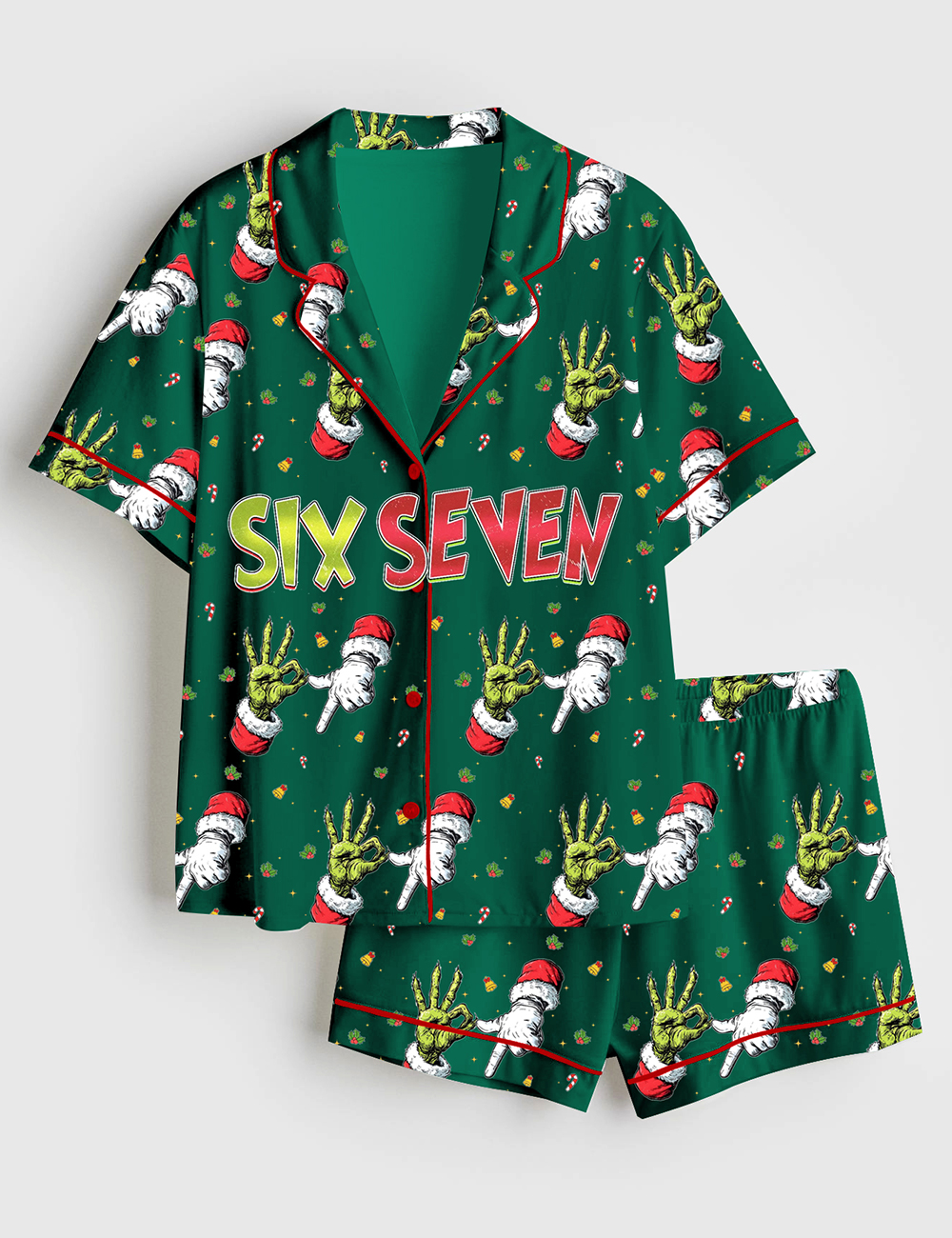 Womenâ€™s Trending Six Seven Christmas Grinch Santa Short Sleeve Satin Pajama Set