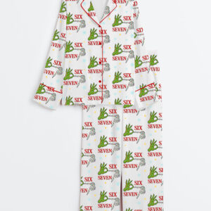 Womenâ€™s Trending Six Seven Christmas Grinch Skeleton Long Sleeve Satin Pajama Set