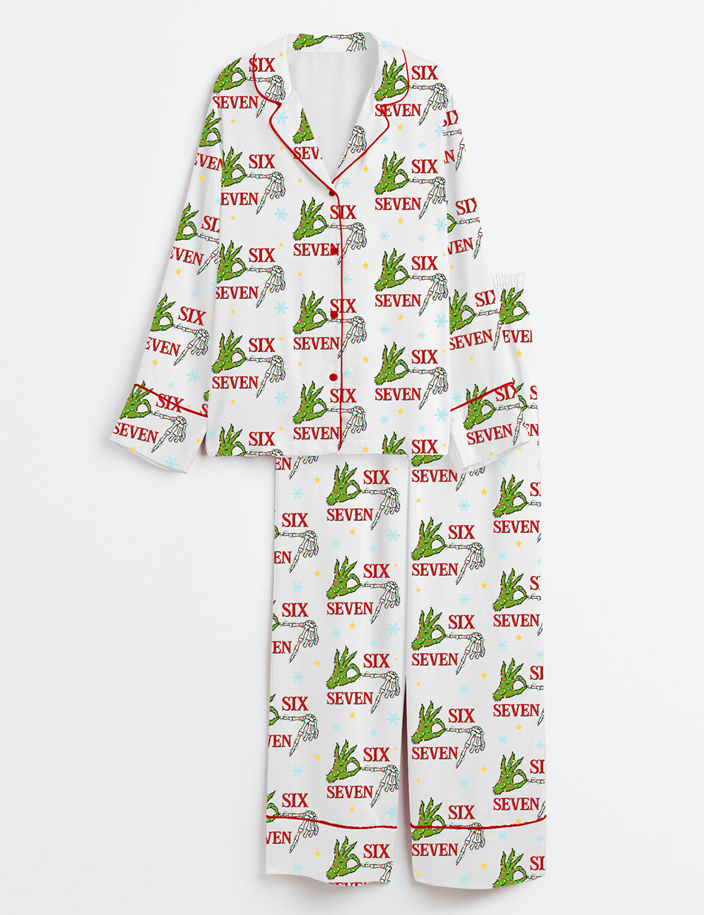 Womenâ€™s Trending Six Seven Christmas Grinch Skeleton Long Sleeve Satin Pajama Set