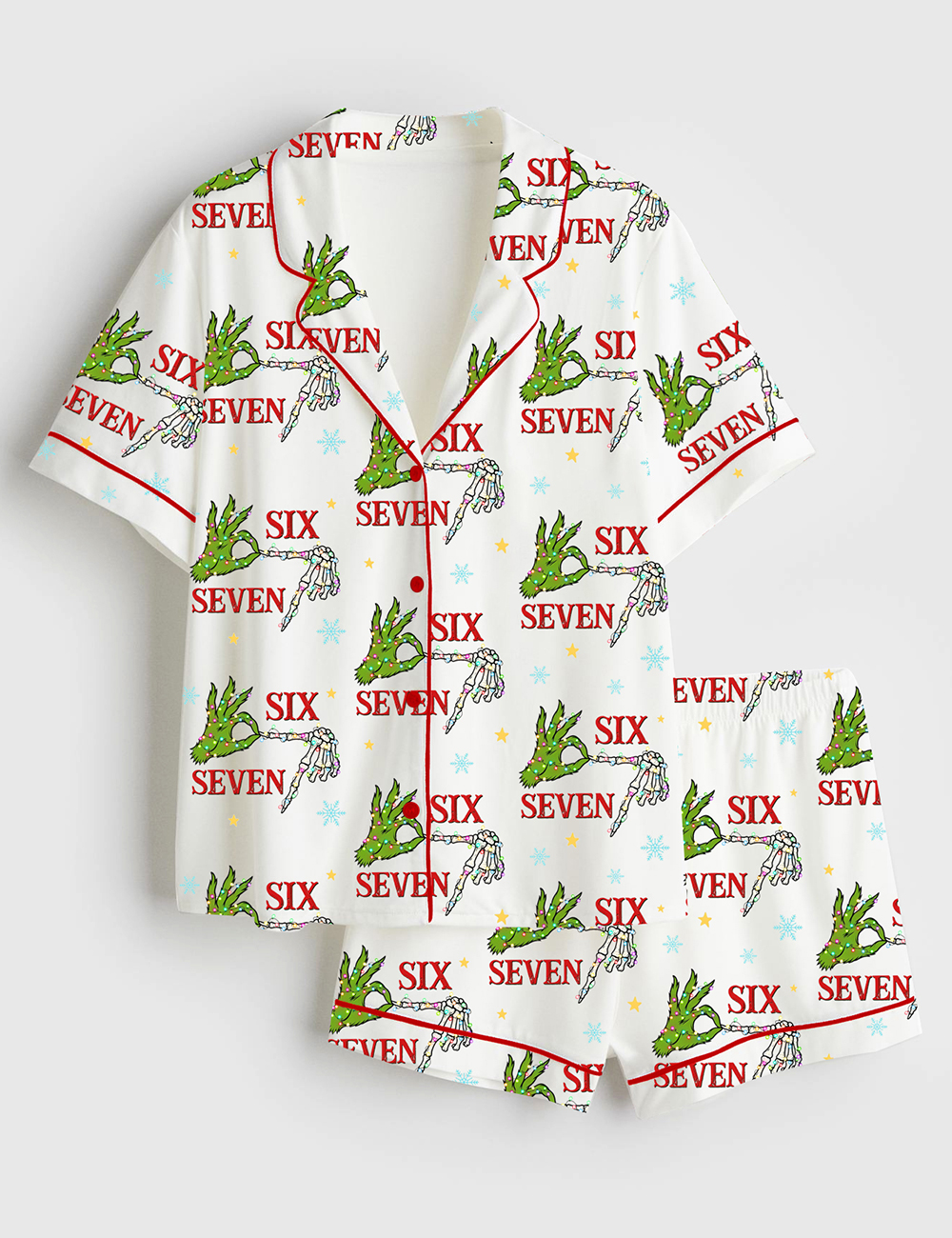 Womenâ€™s Trending Six Seven Christmas Grinch Skeleton Short Sleeve Satin Pajama Set