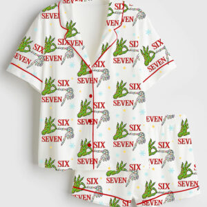 Women's Trending Six Seven Christmas Grinch Skeleton Short Sleeve Satin Pajama Set