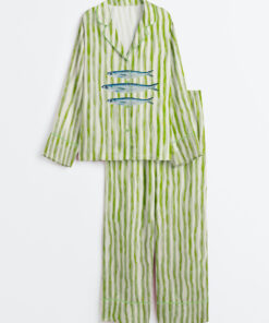 Women's Trendy Aesthetic Sardines Fish Summer Beach Sardines Green Stripe Print Long Sleeve Satin Pajama Set