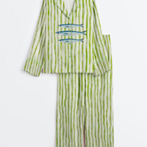 Women's Trendy Aesthetic Sardines Fish Summer Beach Sardines Green Stripe Print Long Sleeve Satin Pajamas Set