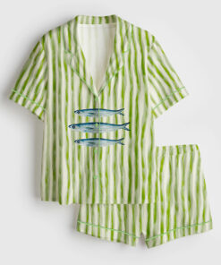 Women's Trendy Aesthetic Sardines Fish Summer Beach Sardines Green Stripe Print Short Sleeve Satin Pajama Set