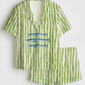 Womenâ€™s Trendy Aesthetic Sardines Fish Summer Beach Sardines Green Stripe Print Short Sleeve Satin Pajama Set