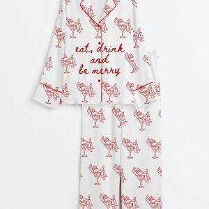 Womenâ€™s Trendy Holiday Bar Cart Eat Drink And Be Merry Christmas Long Sleeve Silky Satin Pajama Set