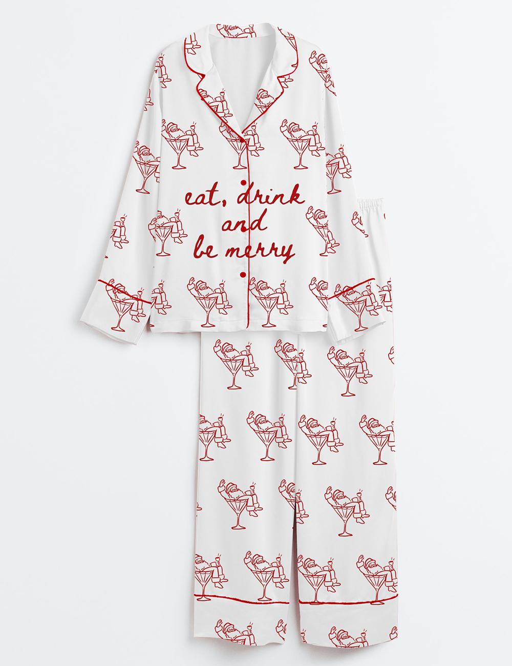 Women’s Trendy Holiday Bar Cart Eat Drink And Be Merry Christmas Long Sleeve Silky Satin Pajama Set