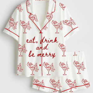 Womenâ€™s Trendy Holiday Bar Cart Eat Drink And Be Merry Christmas Short Sleeve Silky Satin Pajama Set