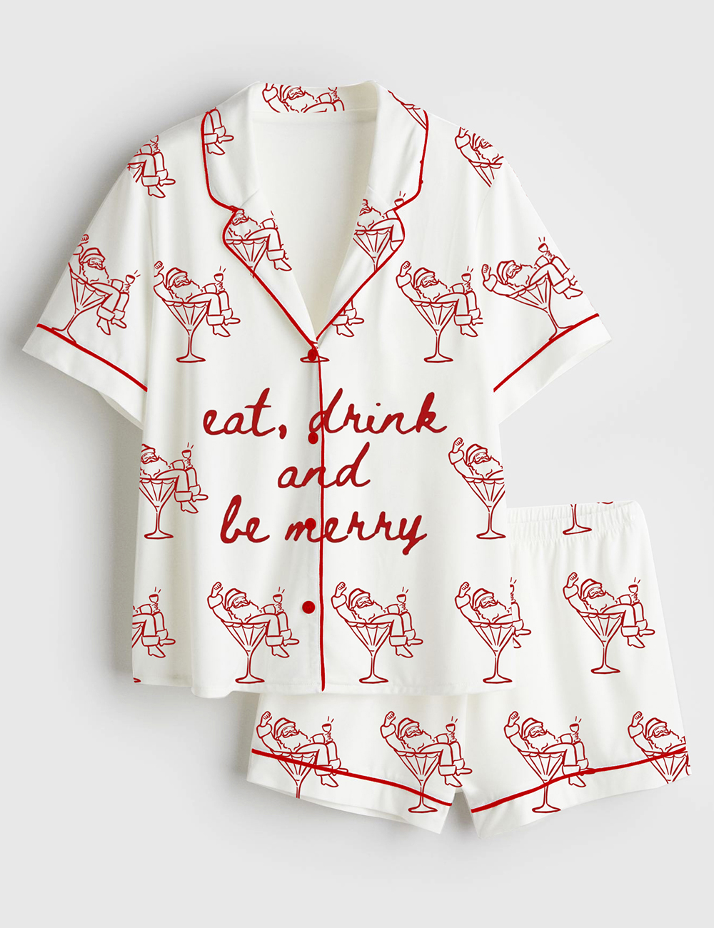 Women’s Trendy Holiday Bar Cart Eat Drink And Be Merry Christmas Short Sleeve Silky Satin Pajama Set