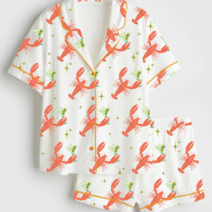 Womenâ€™s Trendy Lobster And Dirty Martini Fisherman Aesthetic Vintage Coastal Short Sleeve Satin Pajama Set